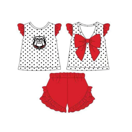 custom S football dog dot flutter sleeve red shorts girls set