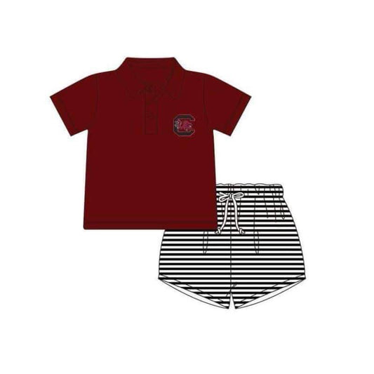 custom S football maroon short sleeve black striped shorts boys set