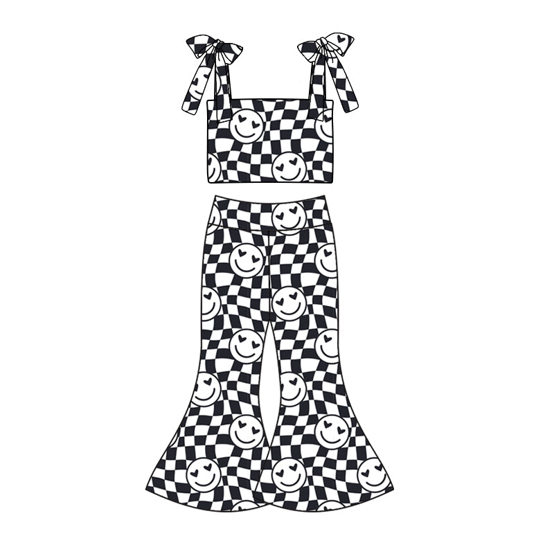 custom (moq 5)Baby Girls Black Checkered Smile Straps Top Bell Pants Clothes Sets