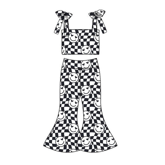 custom (moq 5)Baby Girls Black Checkered Smile Straps Top Bell Pants Clothes Sets