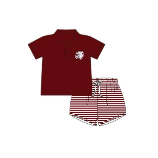 custom S football dog maroon short sleeve maroon striped shorts boys set