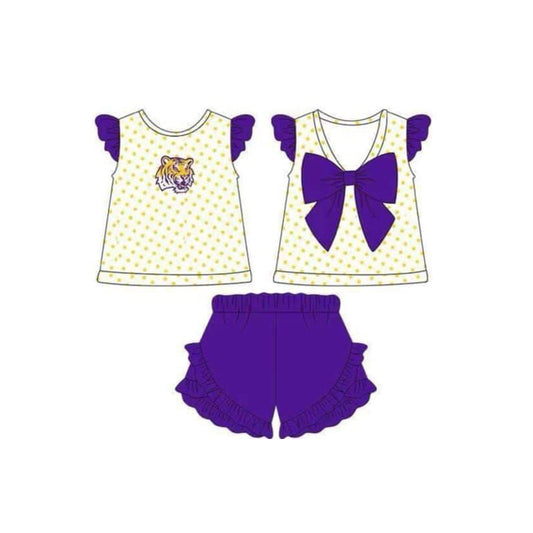 custom S football tiger yellow dog flutter sleeve purple shorts girls set