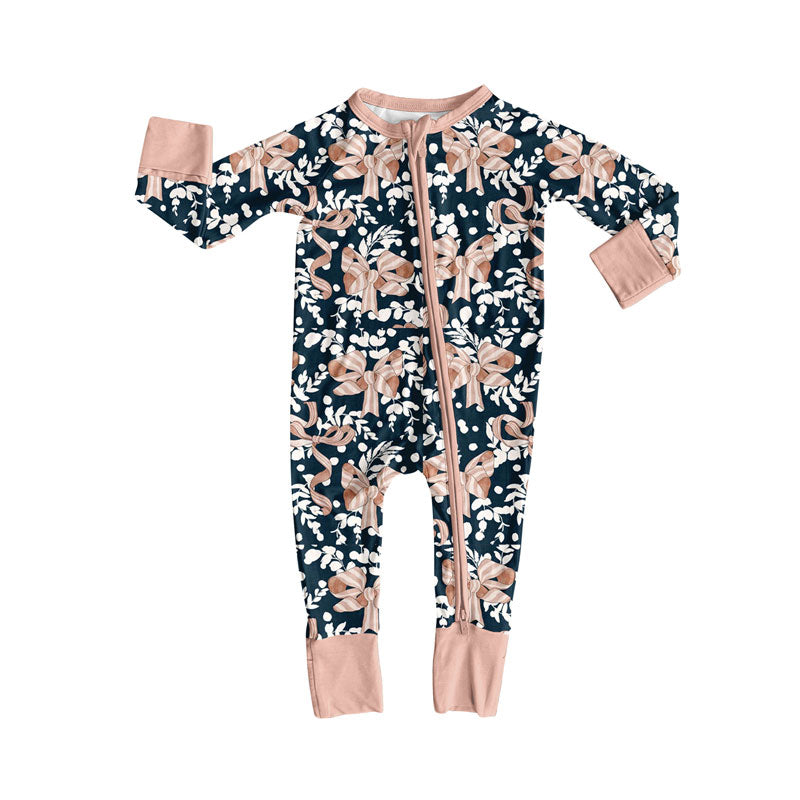custom moq 5 pink bows black zipper long sleeve girls romper
