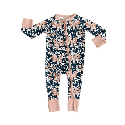 custom moq 5 pink bows black zipper long sleeve girls romper