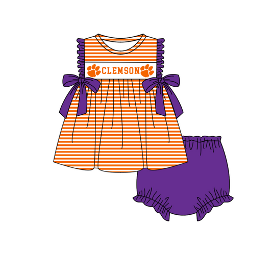 Custom Moq 3 Football Item Clemson Orange Bows Sleeveless Girls Bummies Set