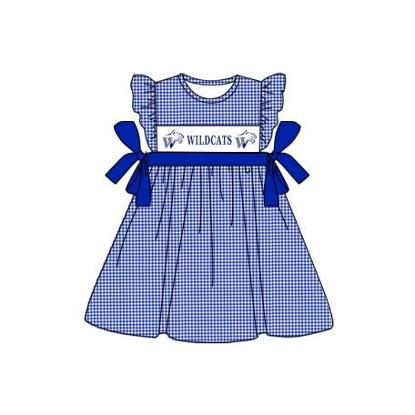 custom style WILDCATS navy blue checkered flutter sleeve girls bows dress