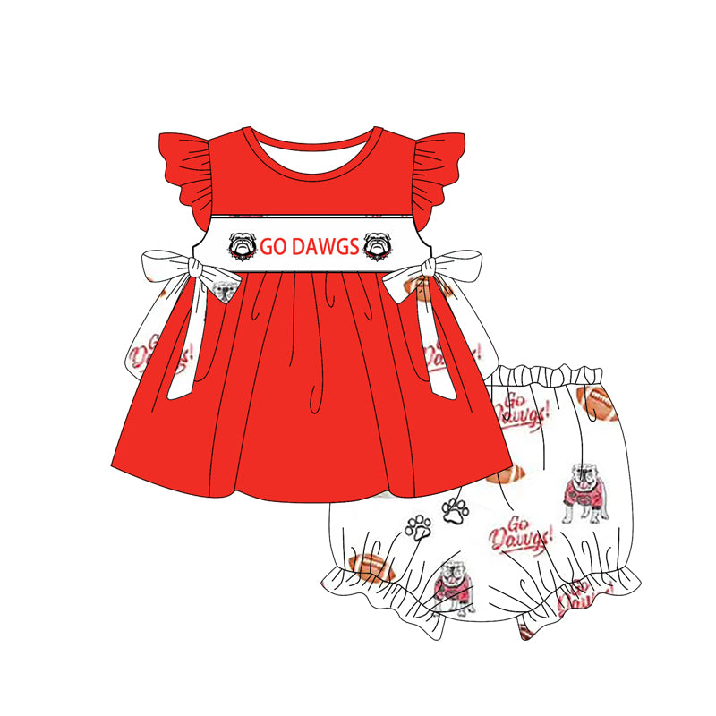 Custom Moq 3 Football Team Go Dawgs Red Flutter Sleeve Bows Girls Bummies Set