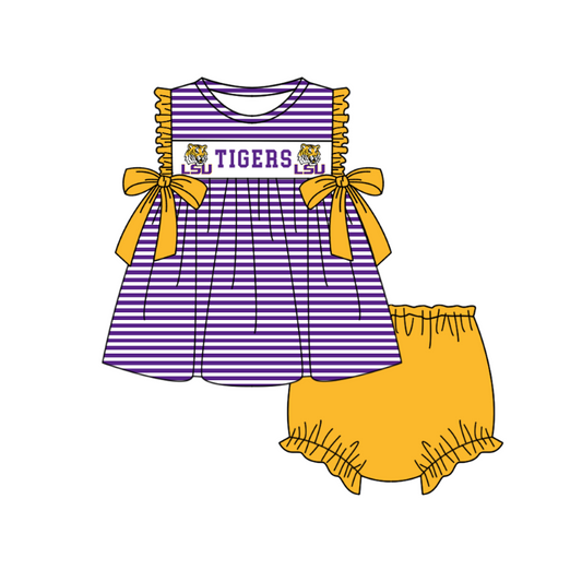 Custom Moq 3 Football Item Tiger Purple Bows Sleeveless Girls Bummies Set