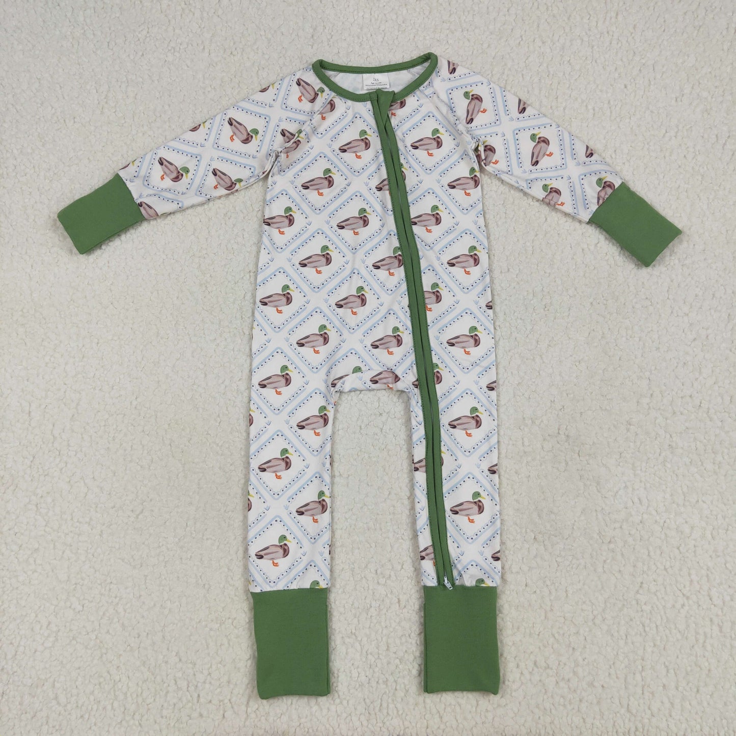Custom moq 20 bamboo hunting mallard duck green zipper long sleeve boys romper
