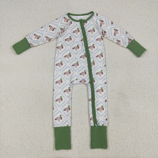Custom moq 20 bamboo hunting mallard duck green zipper long sleeve boys romper