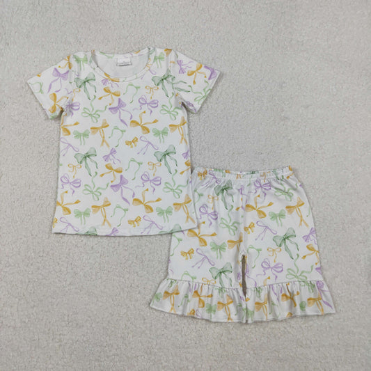GSSO2717 Mardi Gras purple green yellow bows short sleeve shorts girls pajamas