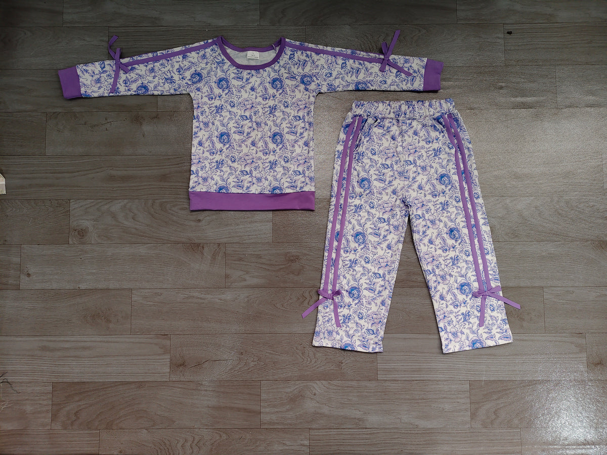 preorder Samples GLP3365 Purple Flowers Bows Long Sleeve Pants Girls Set