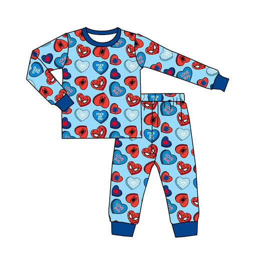 Custom Baby Boy Heart Hero Blue Long Sleeve Pants Boys Pajamas Kids Valentine's Day Clothes