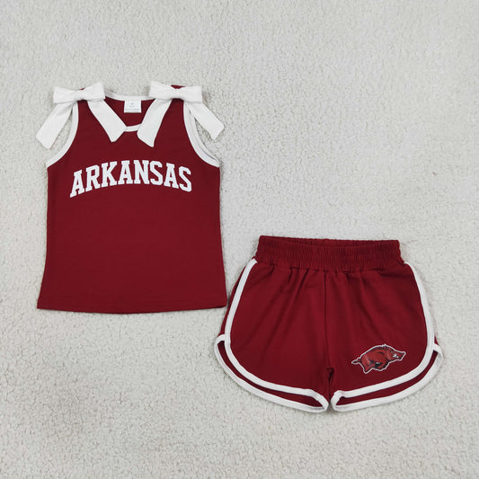 GSSO3833 Offset Printing ARKANSAS Red & White Bows Sleeveless Shorts Girls Set