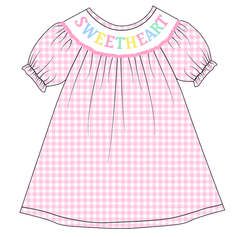 custom style sweet heart pink checkered short sleeve girls dress