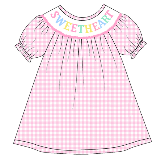 custom style sweet heart pink checkered short sleeve girls dress