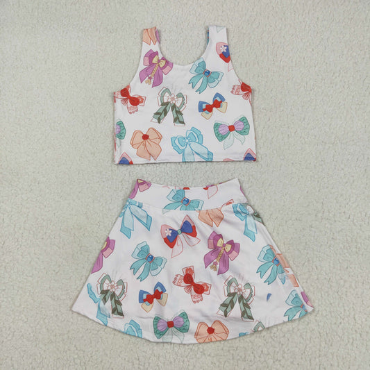GSD2046 yoga cartoon princess bows sleeveless skirt with shorts girls set