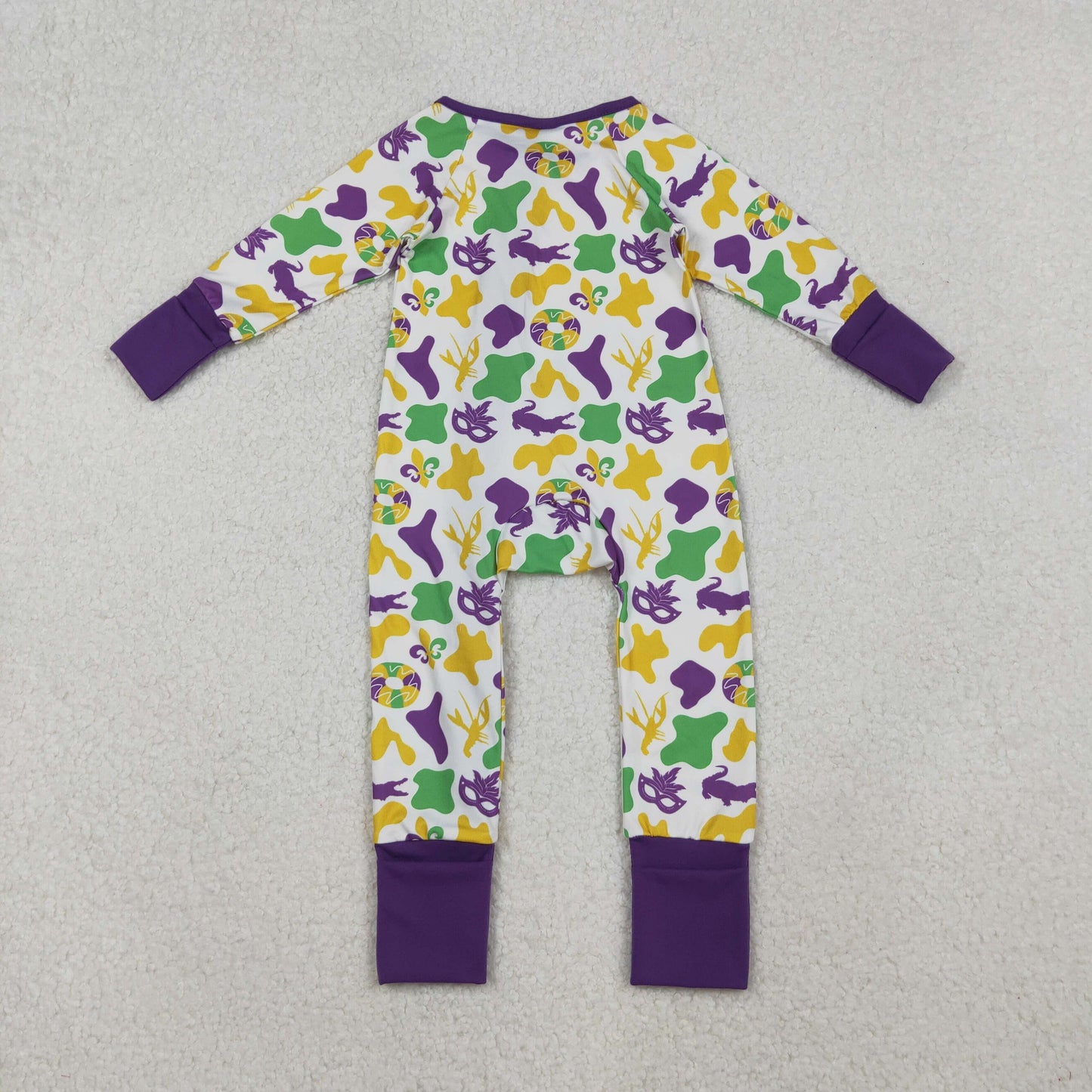 Mardi Gras purple green yellow camo mask romper/set RTS Sibling Clothes