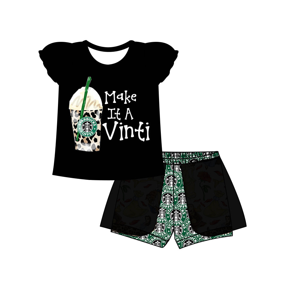 custom style coffee black flutter sleeve hot pink shorts girls set tat 6-8 weeks