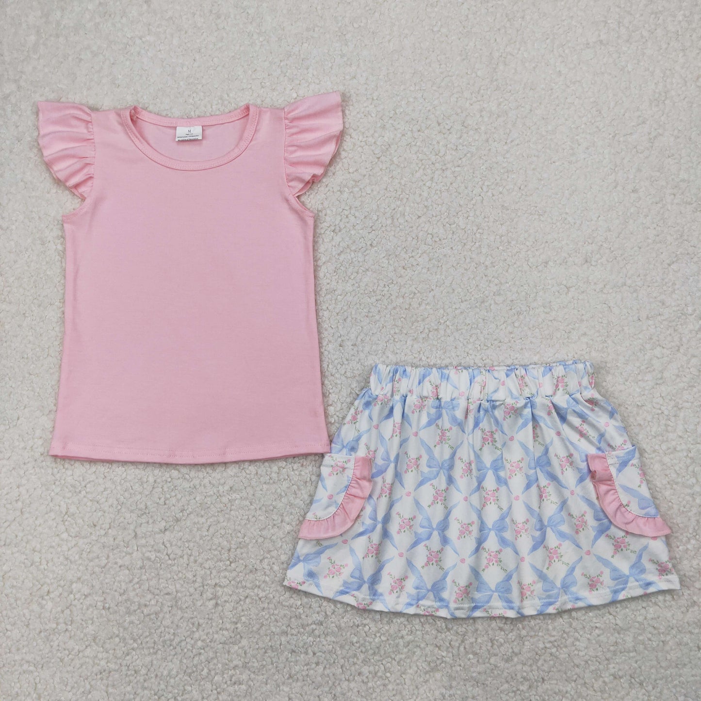 GSD2360 pink flutter sleeve blue bows flowers skirt girls set