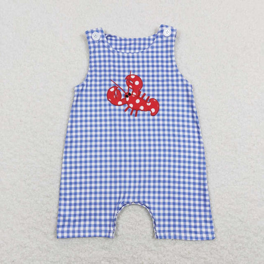 SR0820 Embroidery Crayfish Blue Checkered Sleeveless Boys Romper