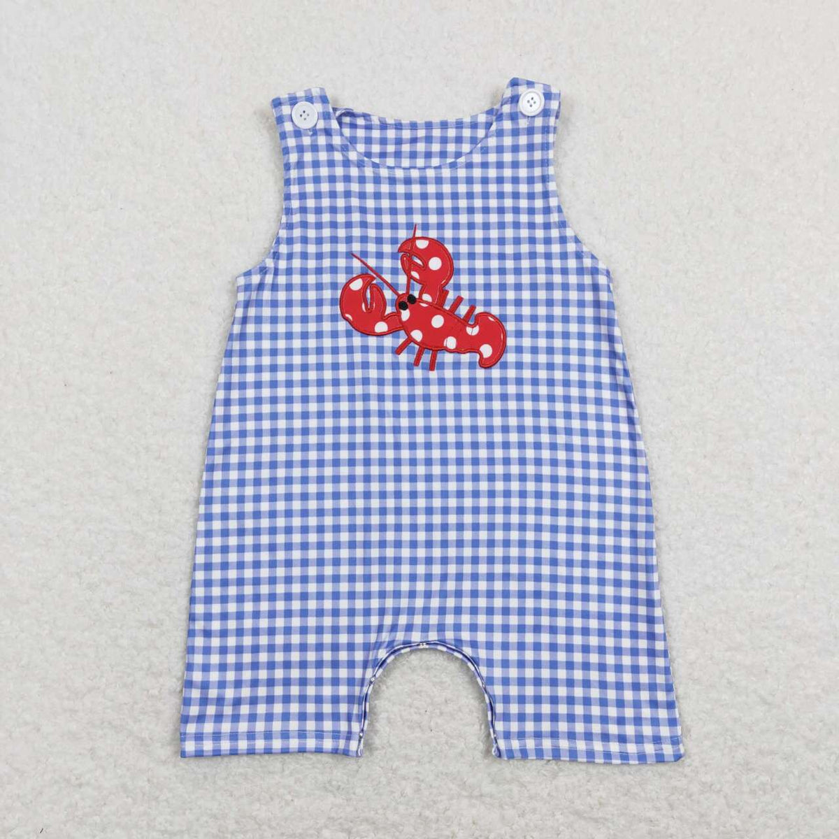 SR0820 Embroidery Crayfish Blue Checkered Sleeveless Boys Romper