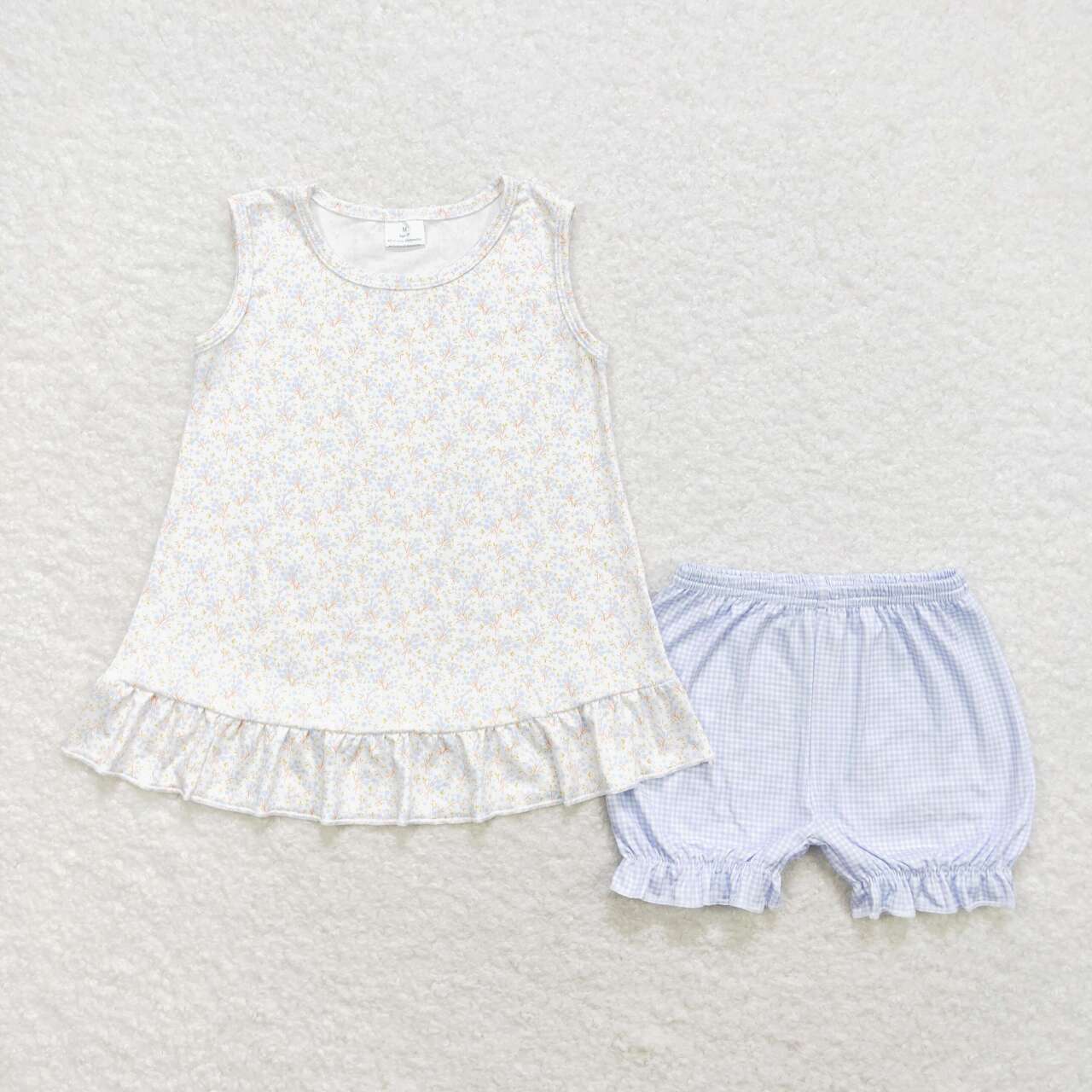 GSSO0980 little blue flowers sleeveless blue checkered shorts girls set