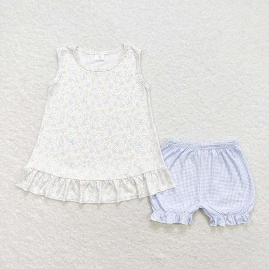 GSSO0980 little blue flowers sleeveless blue checkered shorts girls set