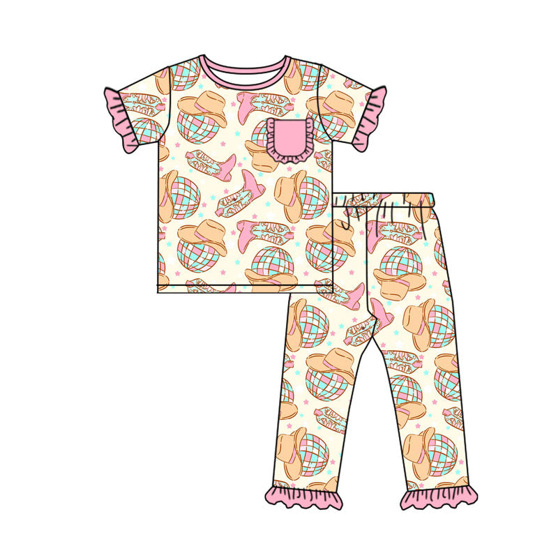 custom moq 5 Western Happy new year light hat pink pocket short sleeve pants girls pajamas
