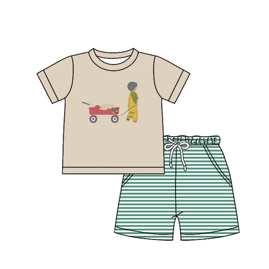 MOQ 3 Custom Hunting Boy Mallard Duck Truck Short Sleeve Green Striped Shorts Boys Set