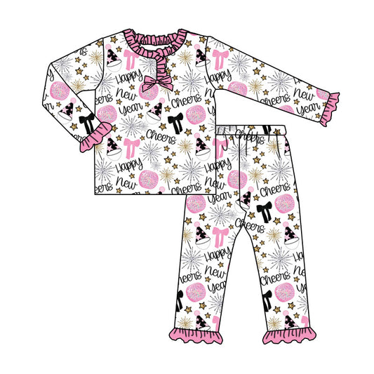Custom moq 20 bamboo happy new year light firework bows hot pink long sleeve pants girls pajamas