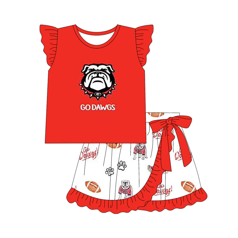 Cutom Moq 3 Football Team Go Dawgs Red Flutter Sleeve Skirt Bow Girls Set