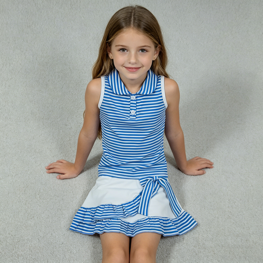 GSD3661 Yoga Blue Striped Sleeveless Skorts Girls Set