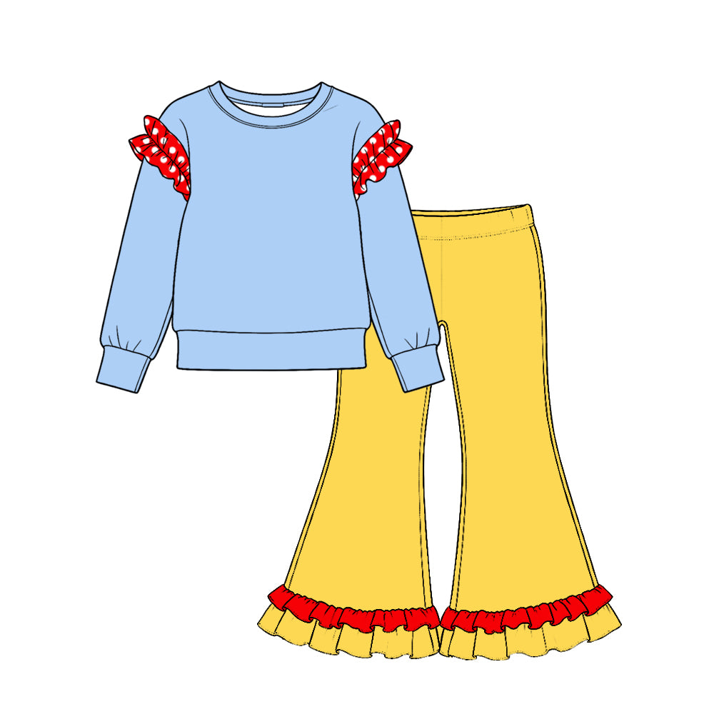 preorder Cotton Ruffles Blue Long Sleeve Yellow Pants Girls Set