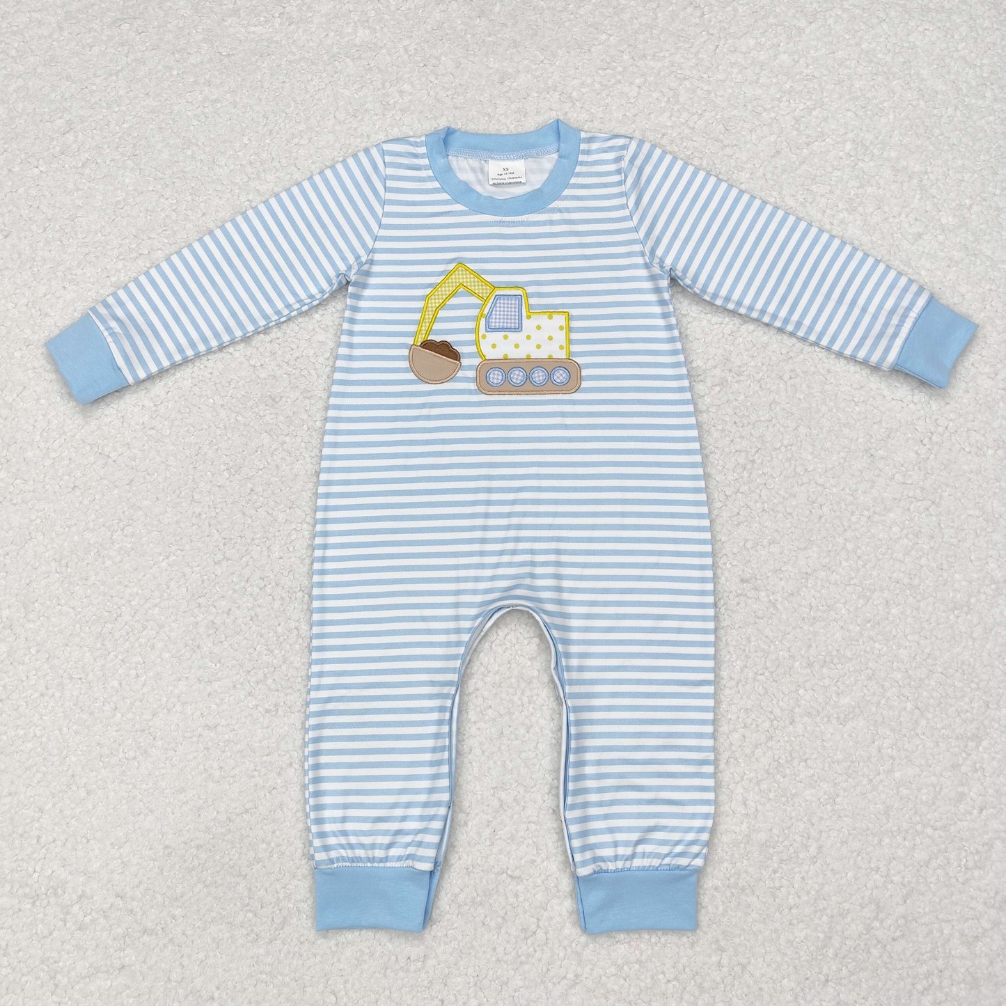USA SHOP embroidery LR1617 construction truck green striped long sleeve boys romper