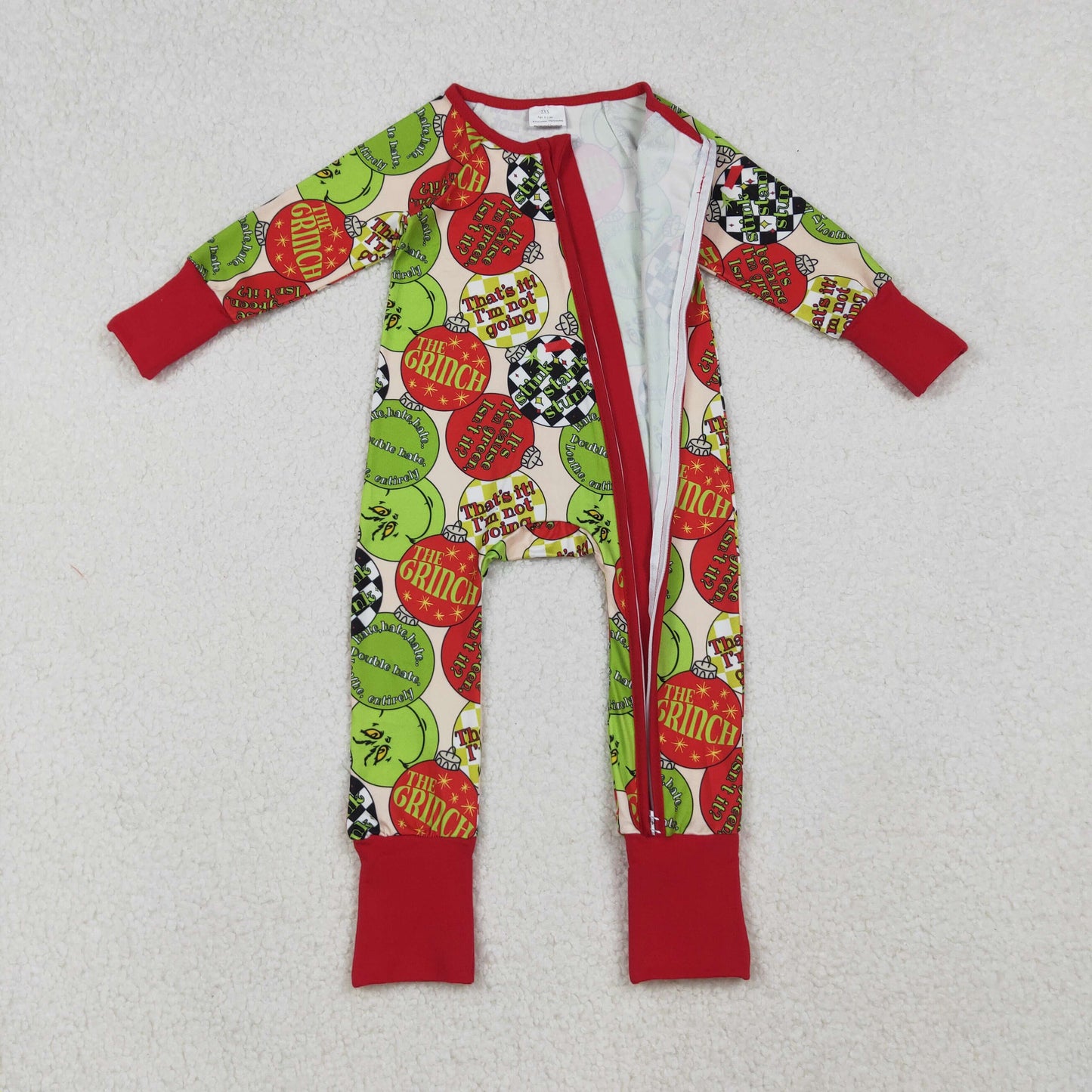 LR2658 Christmas green face light red zipper long sleeve girls romper
