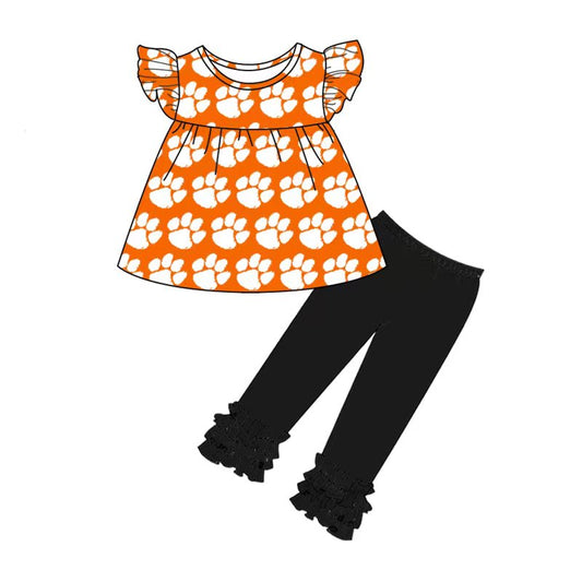 custom team set 4 Orange flutter sleeve black pants girls set