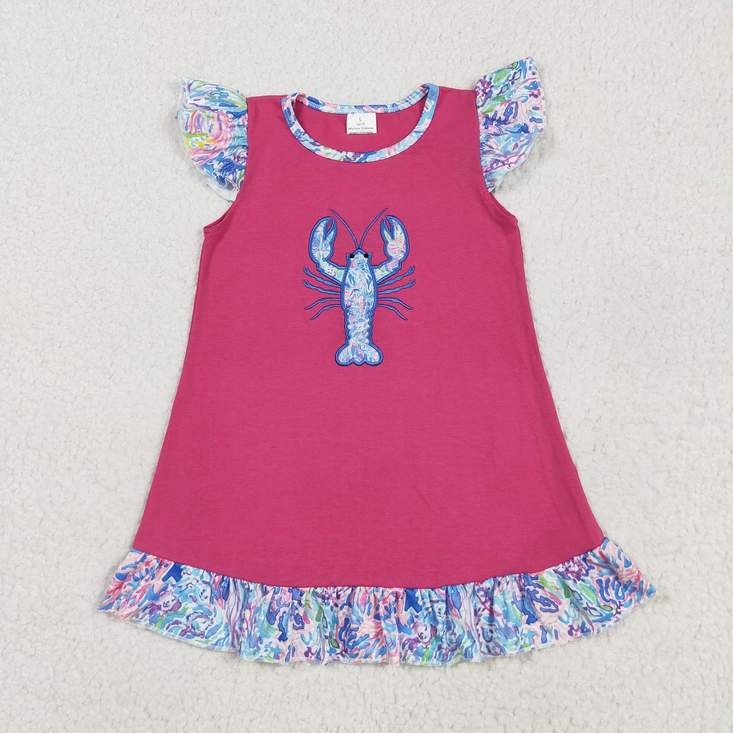 embroidery GSD2398 crayfish hot pink flutter sleeve girls dress