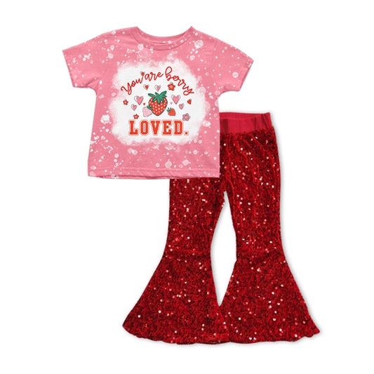preorder Strawberry Loved Red Short Sleeve Dark Red Sequin Pants Girls Set