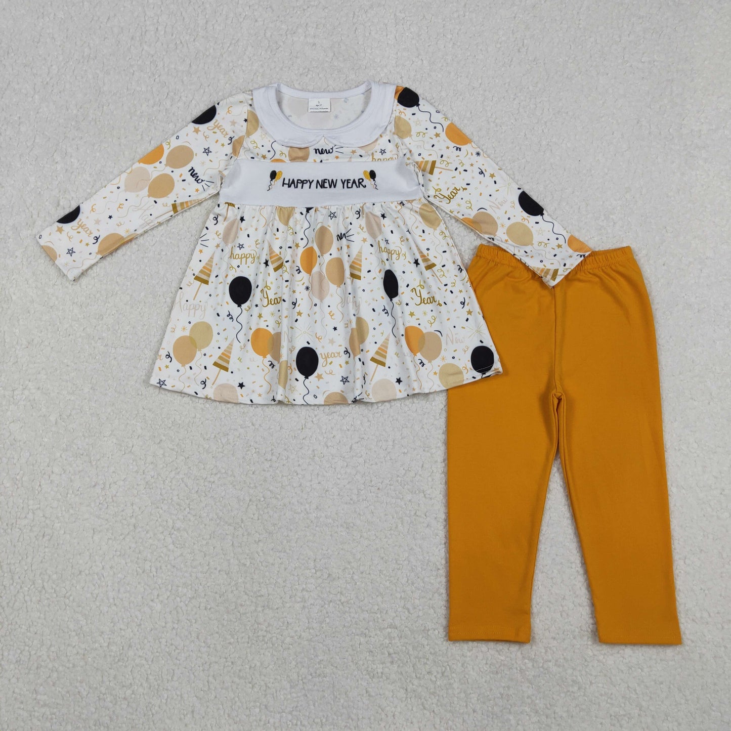 embroidery GLP2901 happy new year balloon golden long sleeve golden pants girls set