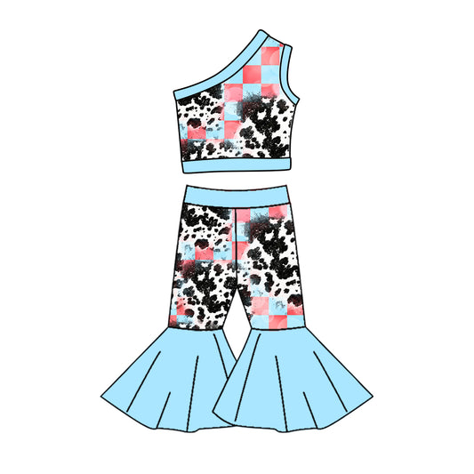 custom moq 3 Cow print pink checkered sleeveless pants girls set
