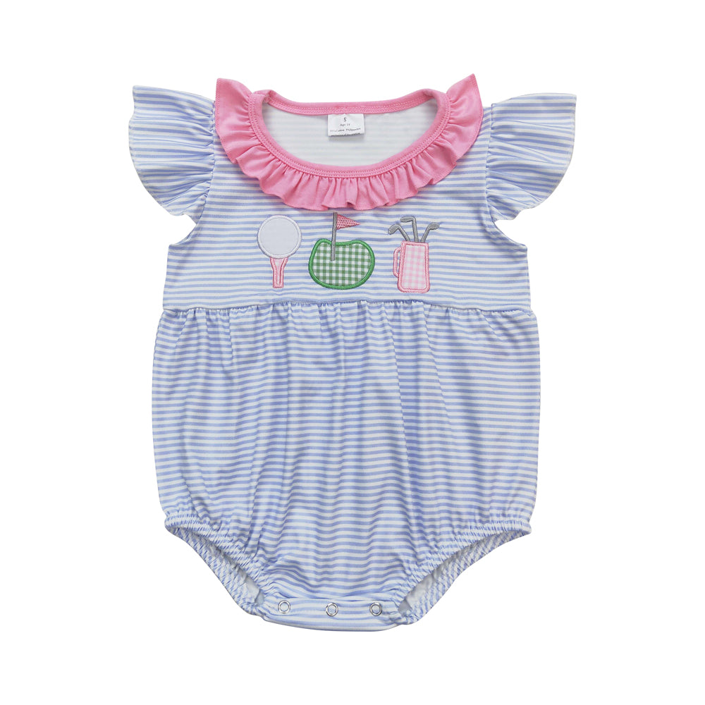 SR1215 embroidery Play golf pink blue flutter sleeve girls romper