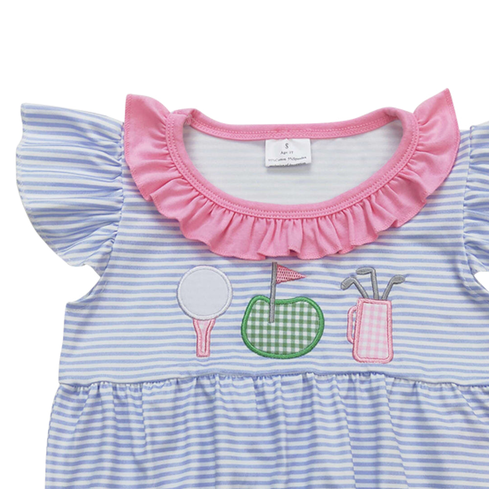 SR1215 embroidery Play golf pink blue flutter sleeve girls romper