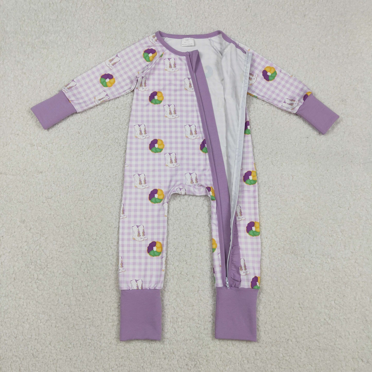 LR2783 Mardi Gras dount purple checkered long sleeve zipper girls romper
