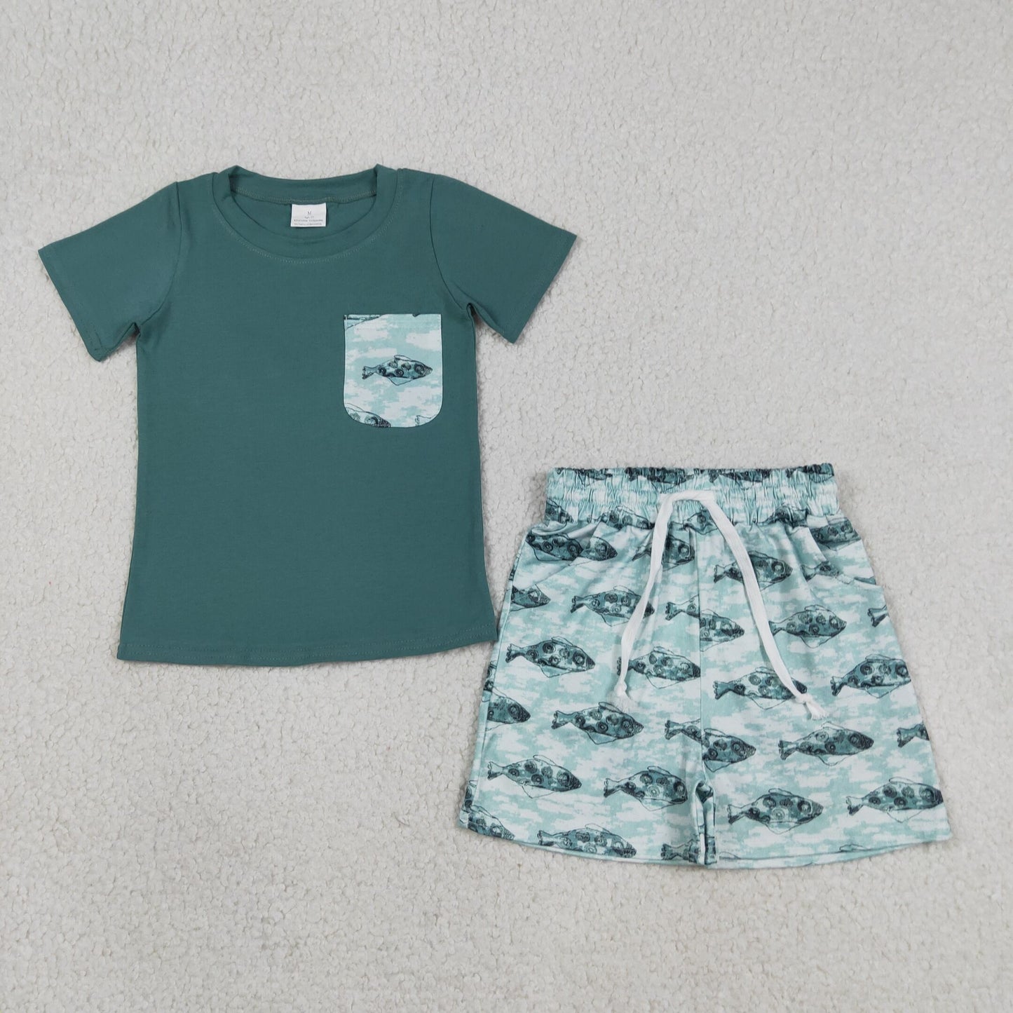 BSSO0838 fish green pocket short sleeve green ink pattern shorts boys set