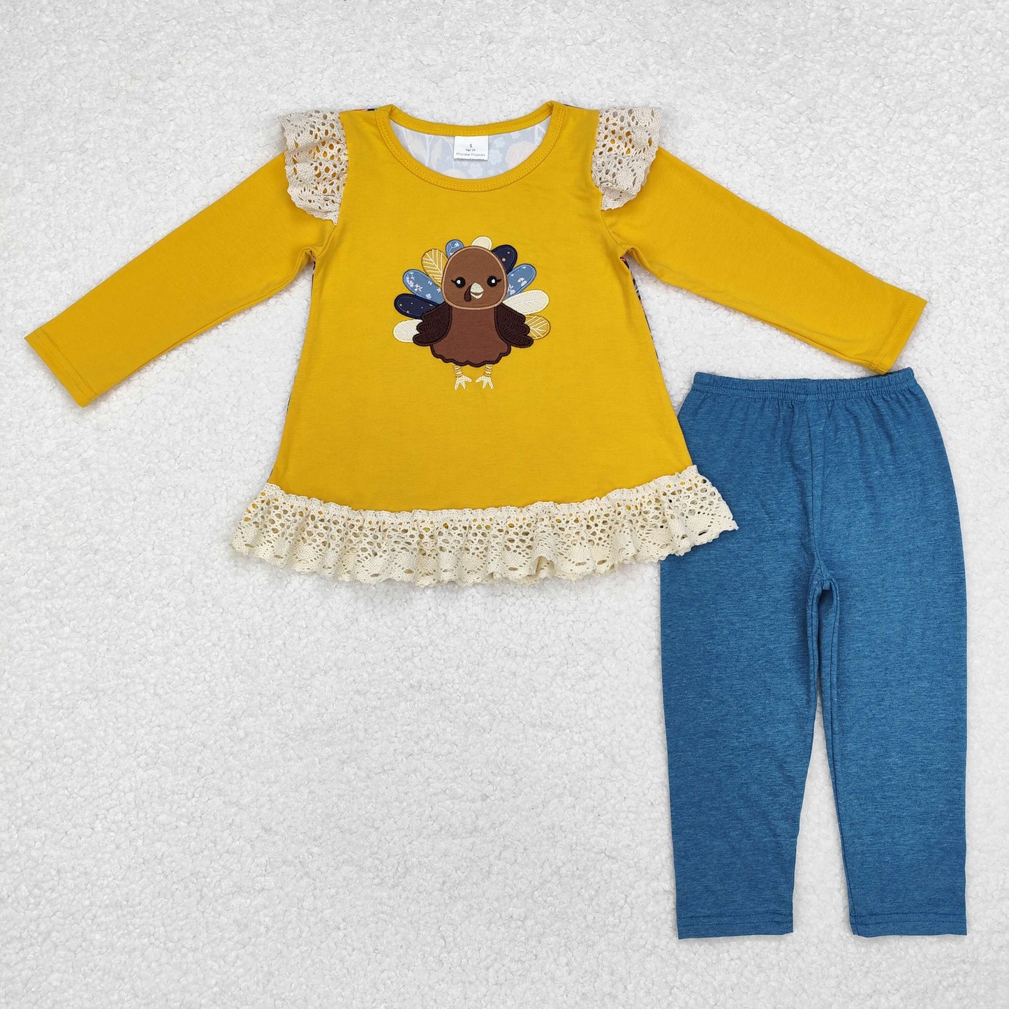 embroidery GLP1542 Thanksgiving turkey orange long sleeve blue pants girls set