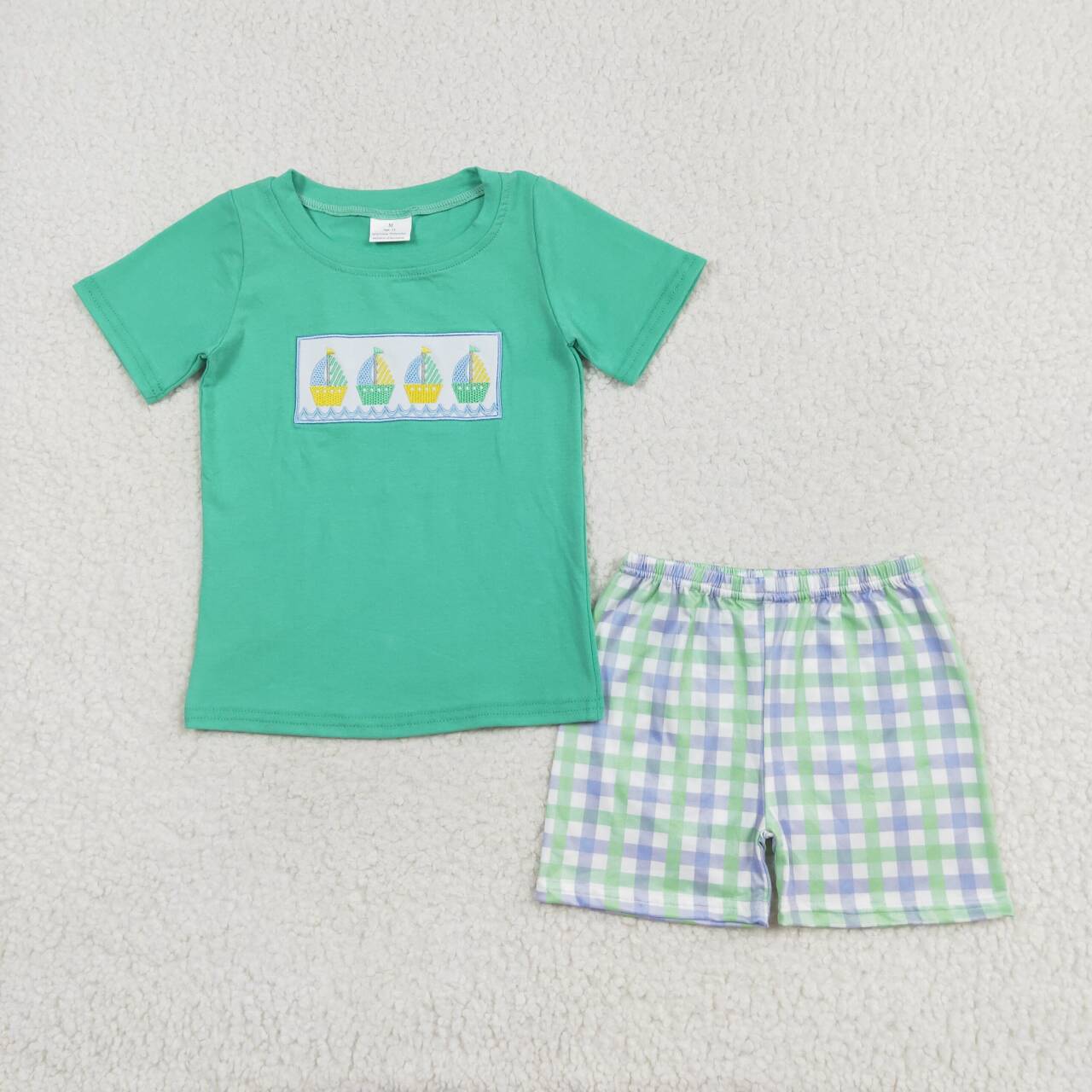 BSSO0887 embroidery cute sailboat green short sleeve checkered shorts boys set