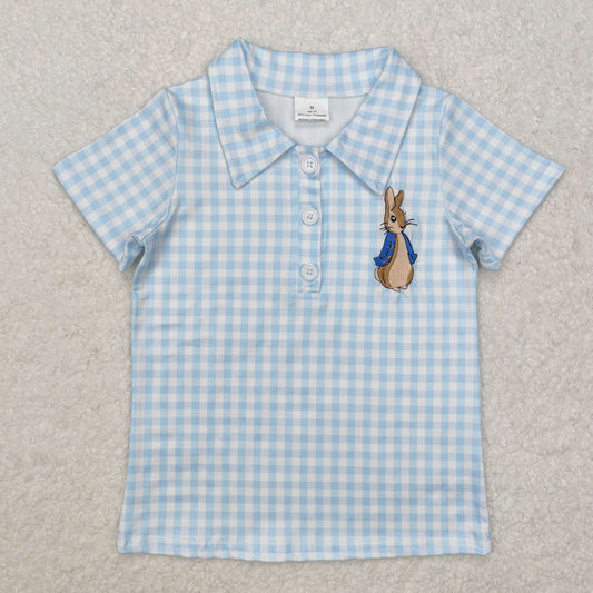 embroidery BT1095 Easter bunny rabbit blue checkered short sleeve boys top