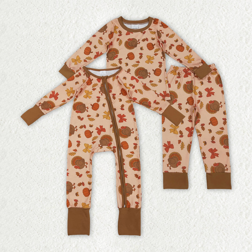 Thanksgiving Turkey Pumpkin Romper/Pajamas RTS Sibling Clothes