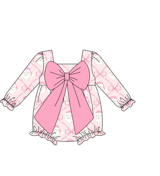 custom moq 5 Christmas Santa pink bows with big bow long sleeve girls romper